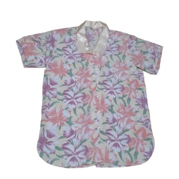 VTG Victoria's Secret Gold Label Floral Semi Sheer Sleep Shirt Button Up Top M/L - Picture 1 of 6